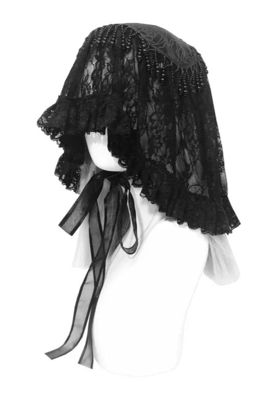 Gothic Black Lace Beaded Veil Lolita Hat