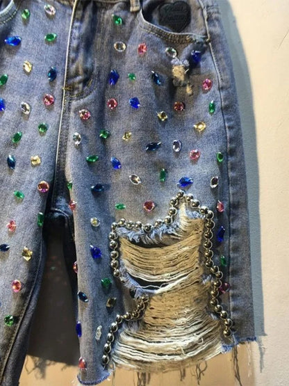 Rhinestone Detail Distressed Denim Shorts