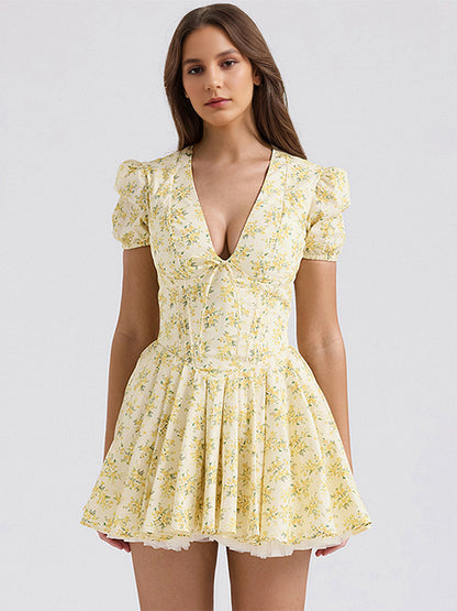 Floral Dress Mini Dresses In Butter Yellow With Short Sleeves And V-Neck For Summer 2026