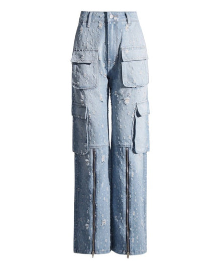 High Waist Loose Ripped Cargo Jeans