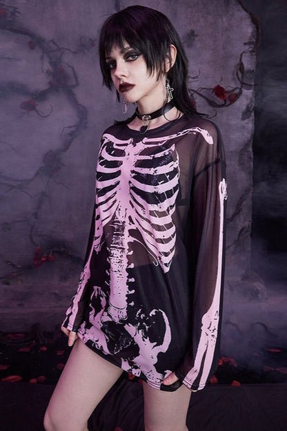 Skull Print Sheer Long Sleeve Mesh Top