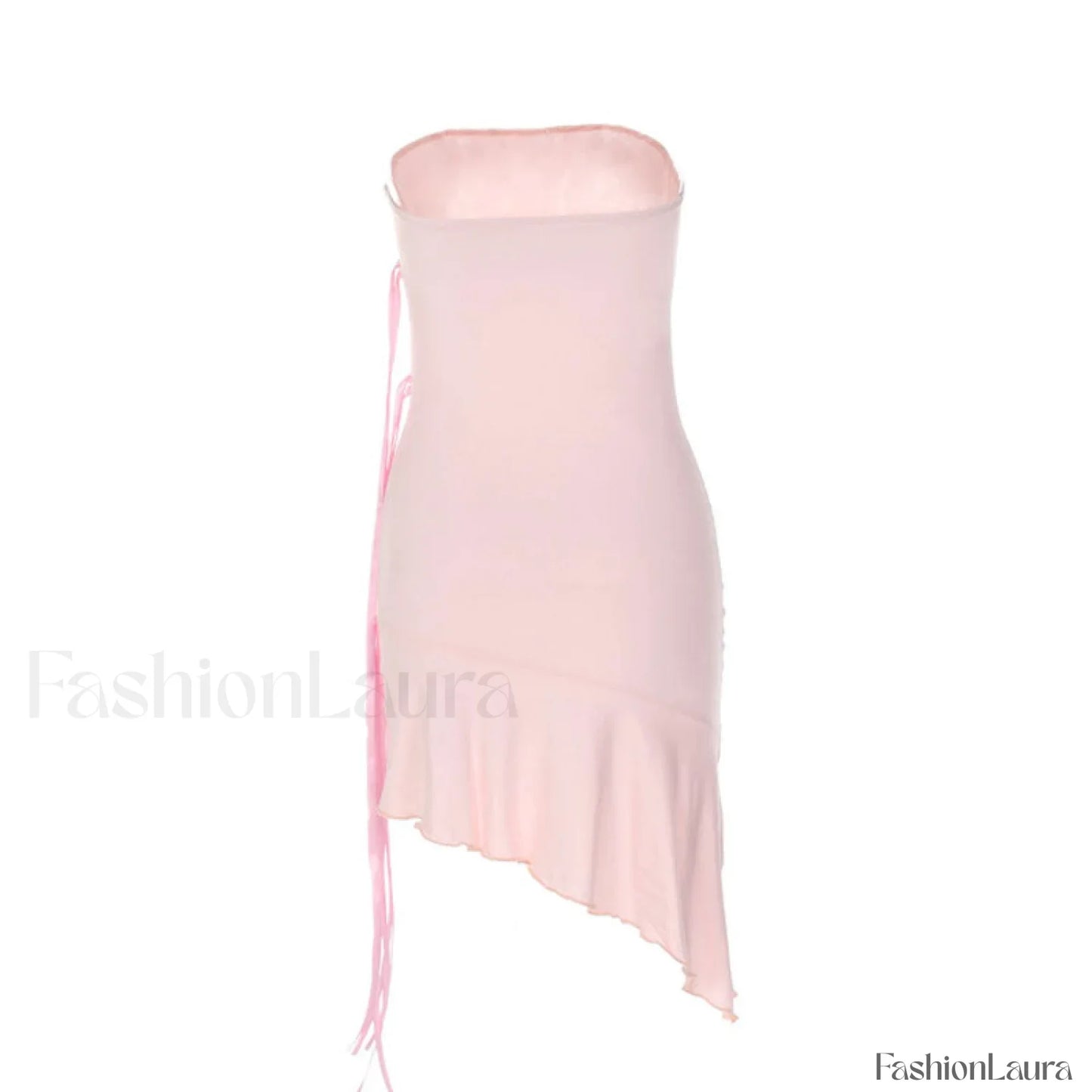 Adorable Solid Color Ribbon trim Ruffle Hem Strapless Mini Dress - Pink