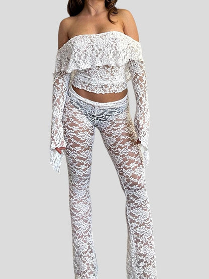 Lace Off Shoulder Long Sleeve Tee & Flared Pants Set