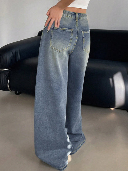 Washed Blue Wide Leg Mop Boyfriend Jeans