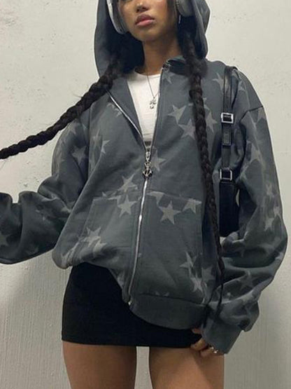 Oversized Star Print Zip Up Hoodie
