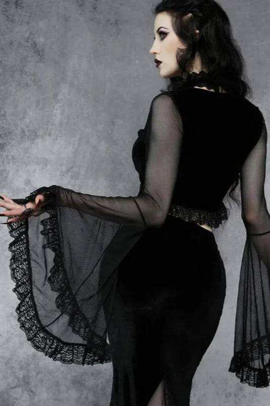 Vintage Black Lace-up Flared Sleeve Crop T-shirt