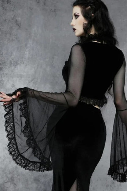 Vintage Black Lace-up Flared Sleeve Crop T-shirt