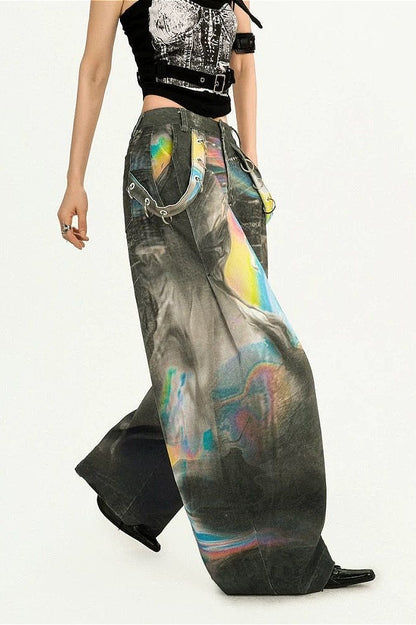 Cyber Punk Tie Dye Wide Leg Denim Pants