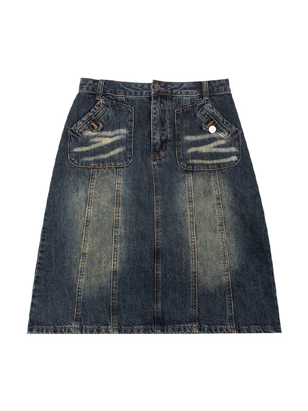 Distressed Washed Slim Straight A Line Denim skirt