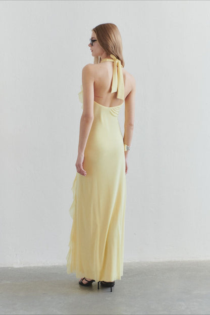 Solid  Halter Deep V Back Lace Detail Long Prom Dress