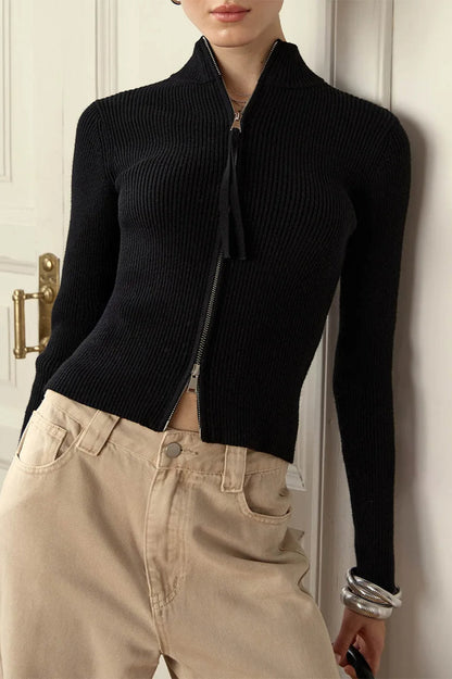 Casual Zip Front Knit Cardigan