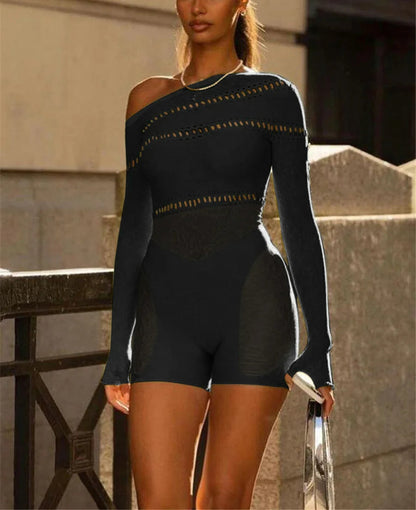 Rhinestone See Through Off Shoulder Romper