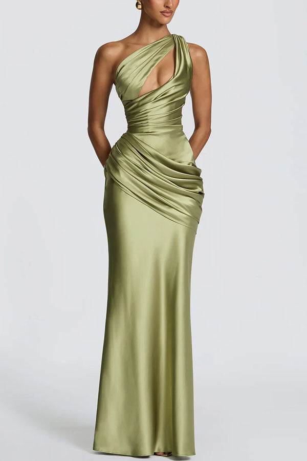 Emina Satin One Shoulder Asymmetrical Neck Cutout Back Lace-up Drape Maxi Dress