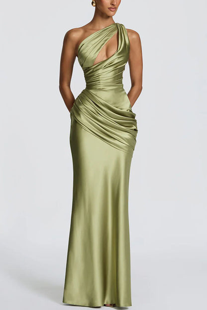Emina Satin One Shoulder Asymmetrical Neck Cutout Back Lace-up Drape Maxi Dress