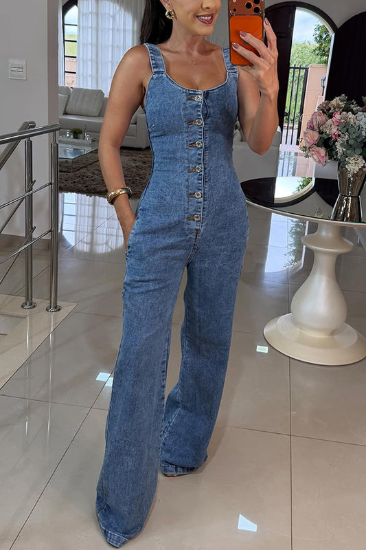 Heidi Denim Square Neck Button Back Smocked Pocket Flare Stretch Jumpsuit