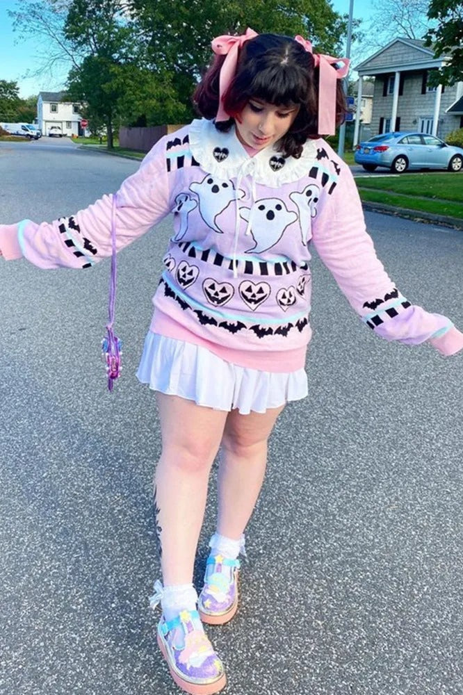 Yangelo Pink Kawaii Gothic Ghost Bat Grunge Knit Sweater