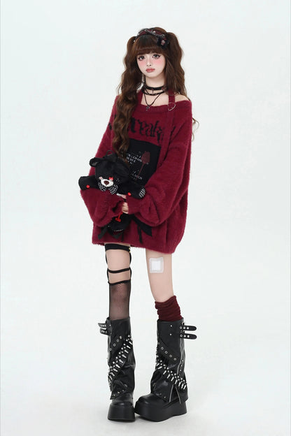 Y2K Japanese Sweet Cool Off-Shoulder Soft Loose Knit Sweater