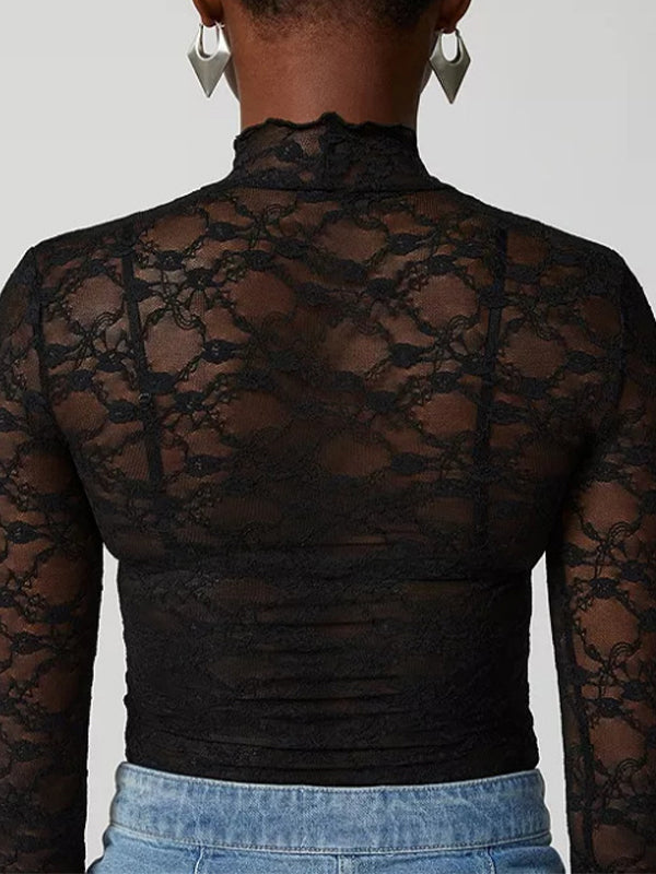 All Over Lace Mock Neck Long Sleeve Tee
