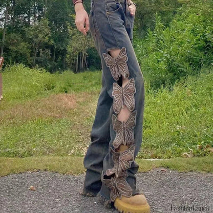 Aesthetic Side Graceful Butterflies Patchwork Jeans