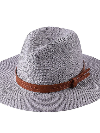 1pcs New Panama Soft Shaped Straw Hat Summer Women/Men Wide Brim Beach Sun Cap Uv Protection Fedora Hat Head Circumference 56-58cm for Women