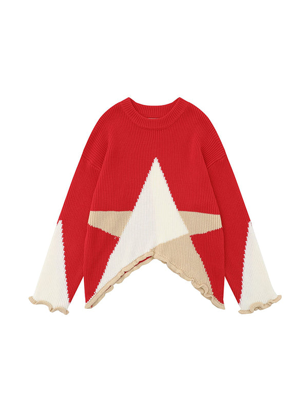 Contrast Star Jacquard Irregular Hem Sweater