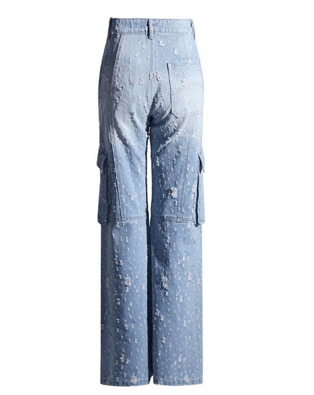 High Waist Loose Ripped Cargo Jeans