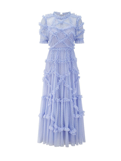 Ruffles Dress Illusion Neckline Ruffles Layered Tulle Maxi Dresses
