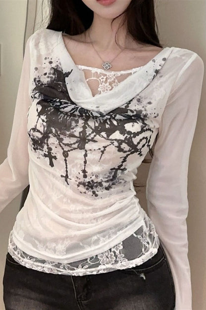 Chic Lace Trimmed Asymmetrical Mesh Top