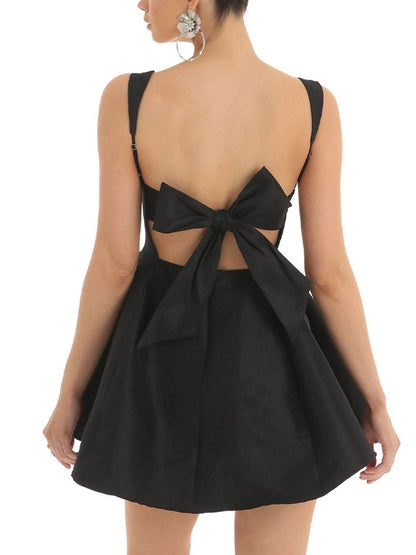 Solid Backless Bow Mini Dress