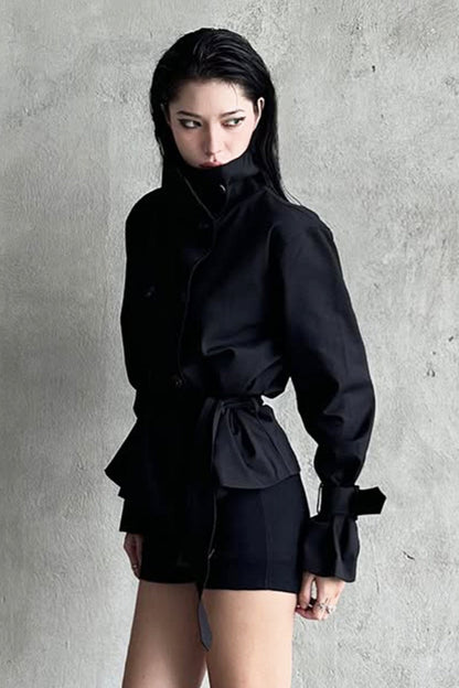 Unique Tie Waist Button Stand Collar Trench Coat