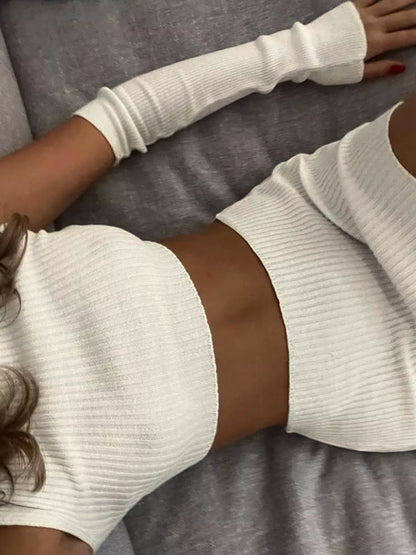 White Ribbed Crop Wrap Hip Knit Two Piece
