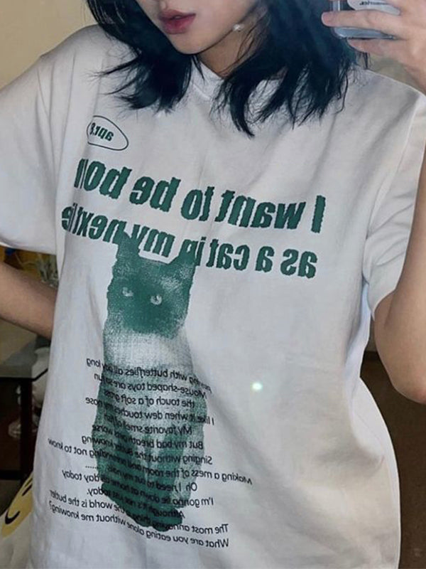 Cat Letter Print Oversized Short Sleeve Tee