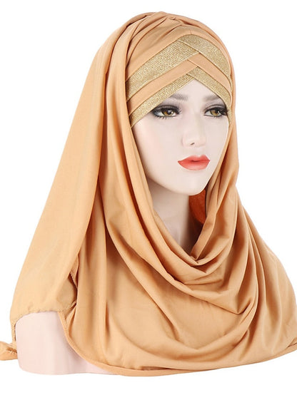 Forehead Cross Hair Wrap Scarf Solid Color Glitter Sequins Jersey Hijabs Muslim Headband Women Turban Hair Cap Headscarf for Women