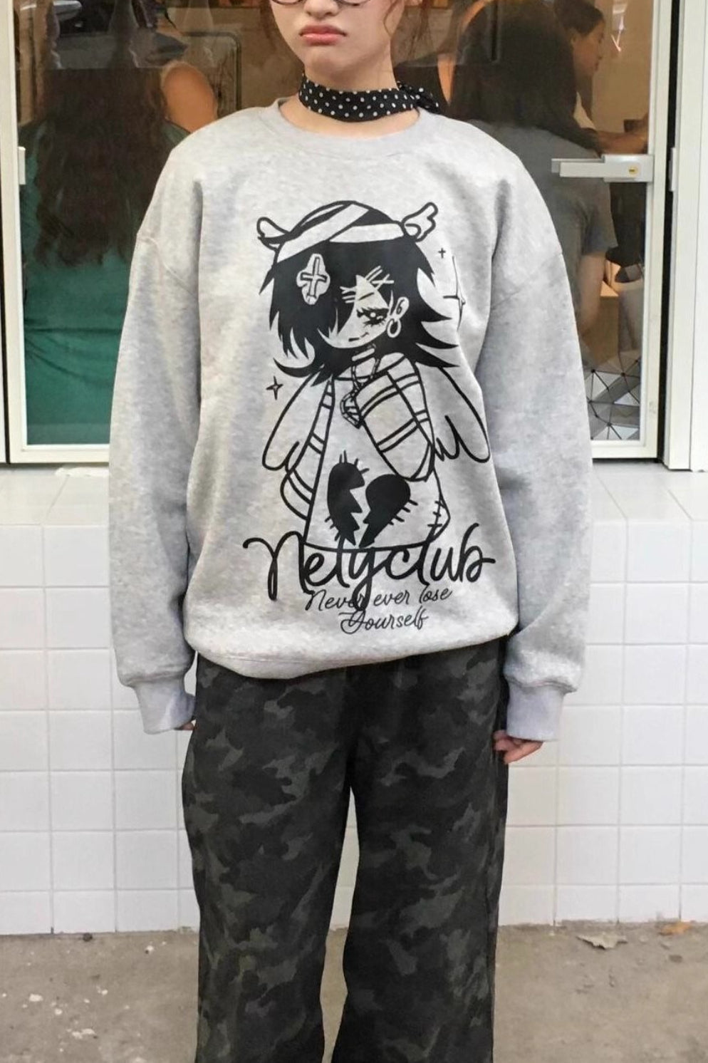 Bandage Angel Print Grey Subculture Loose Sweatshirt