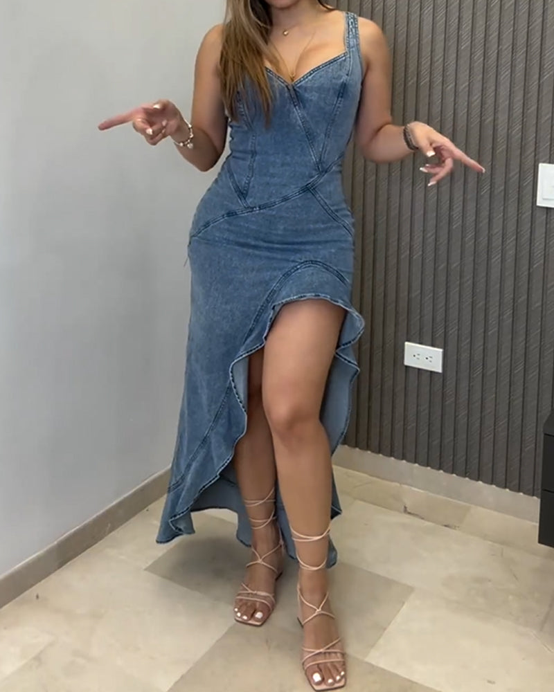 Diagonal Cut Slit Back Zipper Denim Slim Dress
