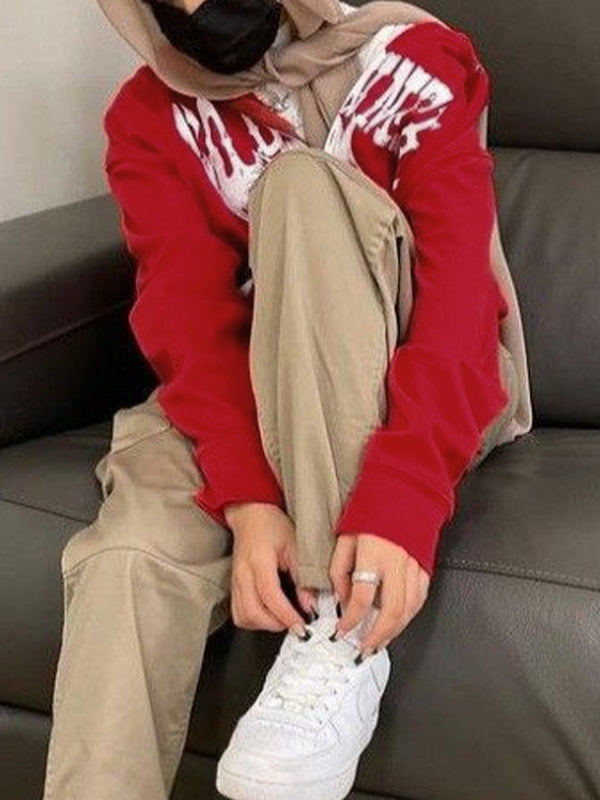 Red Vintage Print Zip Up Oversized Hoodie