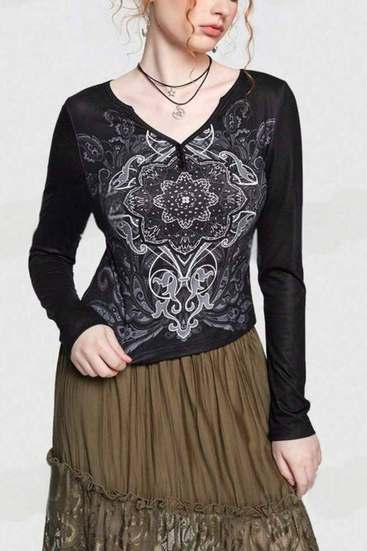 V-Neck Mesh Raglan Floral Knit Top