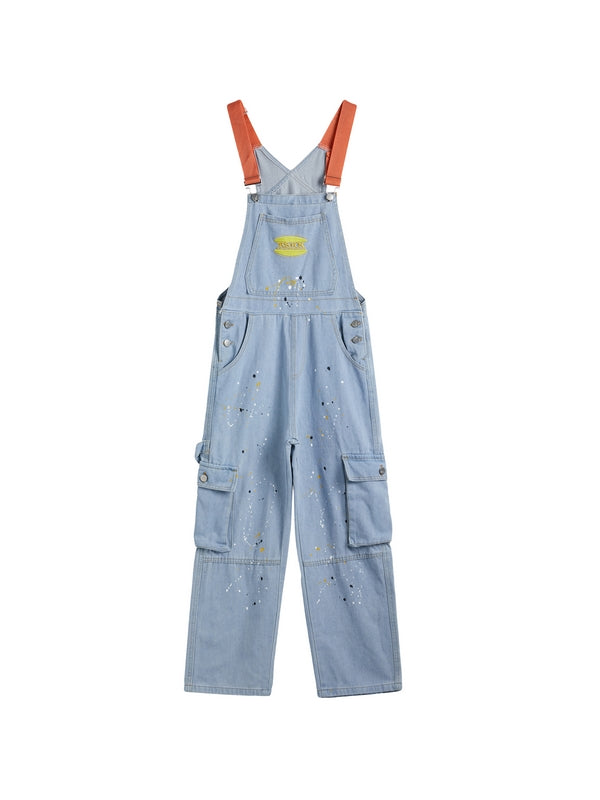 Vintage Big Pocket Splash Ink Print Overalls