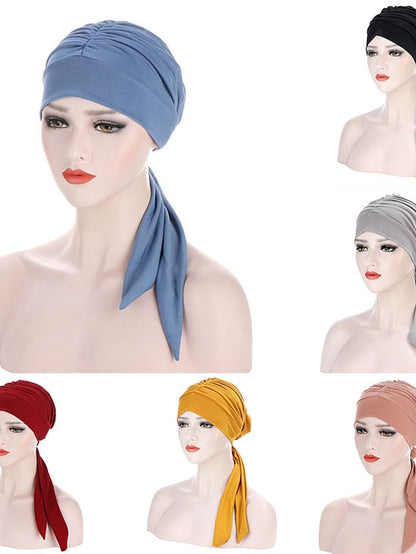 Muslim Women Stretch Solid Wrinkle Turban Hat Cancer Chemo Beanies Caps Pre-Tied Scarf Headwear Headwrap Simple Hair Accessories for Women