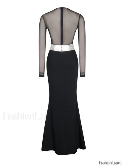 Aggie Black Sheer Maxi Graceful Dress With Crystal Waist Trim