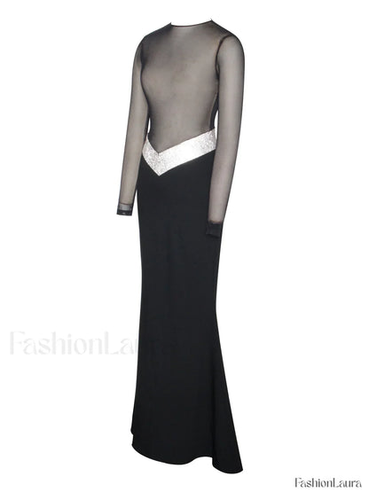 Aggie Black Sheer Maxi Graceful Dress With Crystal Waist Trim