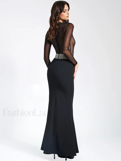 Aggie Black Sheer Maxi Graceful Dress With Crystal Waist Trim