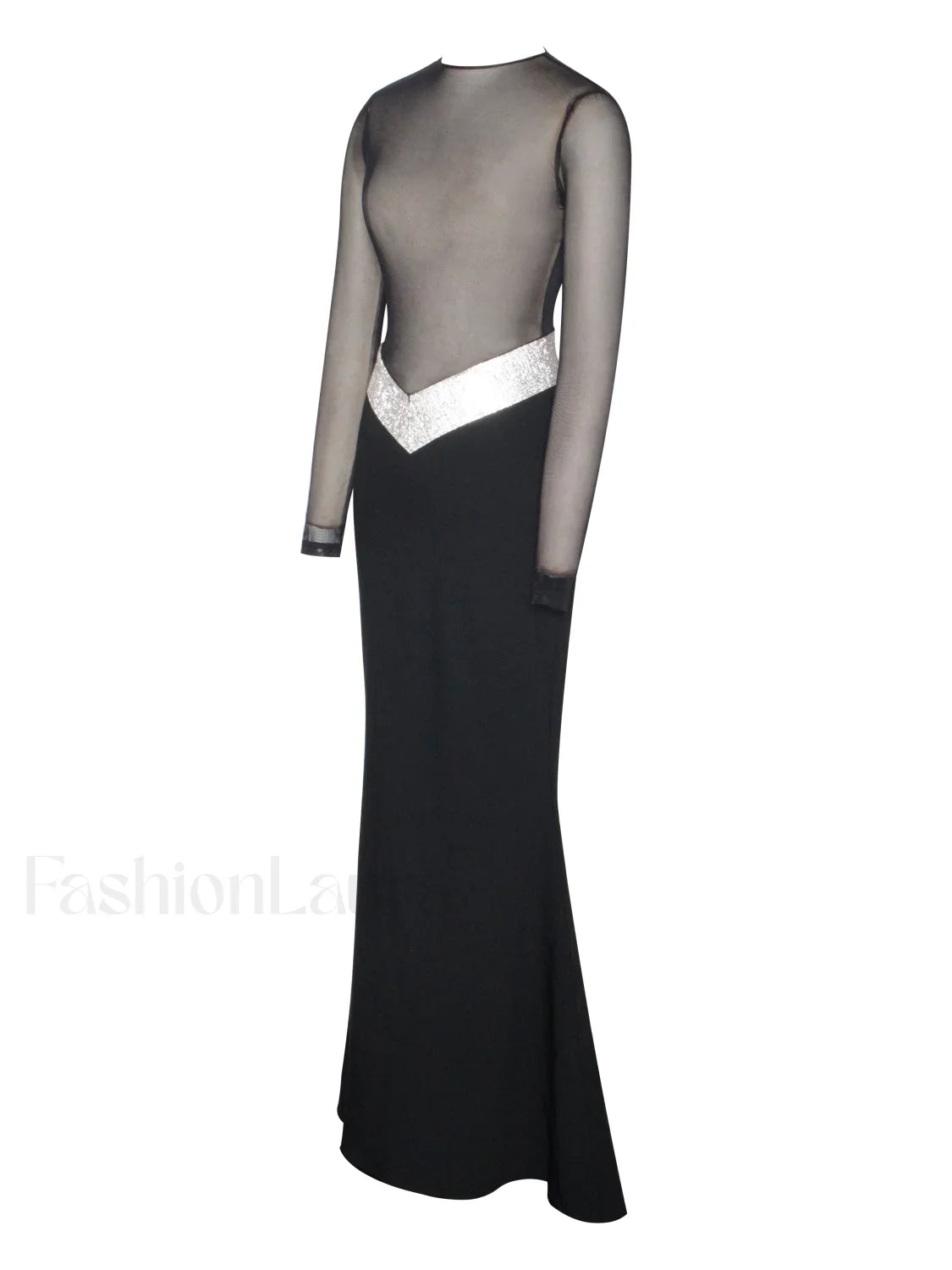 Aggie Black Sheer Maxi Graceful Dress With Crystal Waist Trim