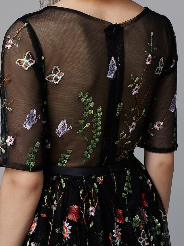 A-Line Floral Dress Holiday Tea Length Half Sleeve Illusion Neck Lace with Embroidery Appliques 2023