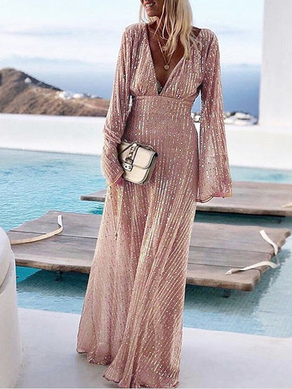 A Line Dress Wedding Guest Maxi long Dress Beige Long Sleeve Solid Color Sequins Fall Winter V Neck Stylish Elegant Formal Party  S M L XL / Party Dress for Women