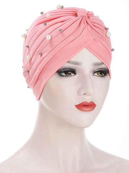 Boutique Solid Folds Pearl Muslim Turban Scarf Women Elastic Islamic Inner Hijab Caps Arab Wrap Head Femme Musulman Turbante for Women