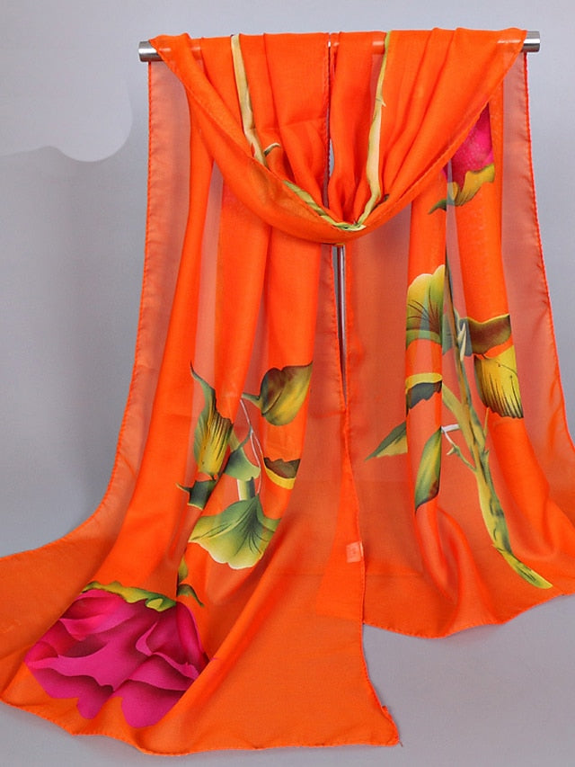 Chiffon Scarf Wedding Black Scarf Floral Pink Fall Spring Print Polyester for Women
