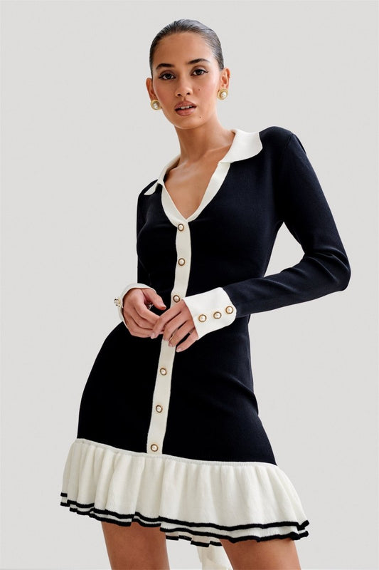 Vestido mini de punto con lazo y volante en contraste Alexia