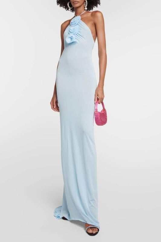 Vestido largo Alexia con cuello halter y apliques florales