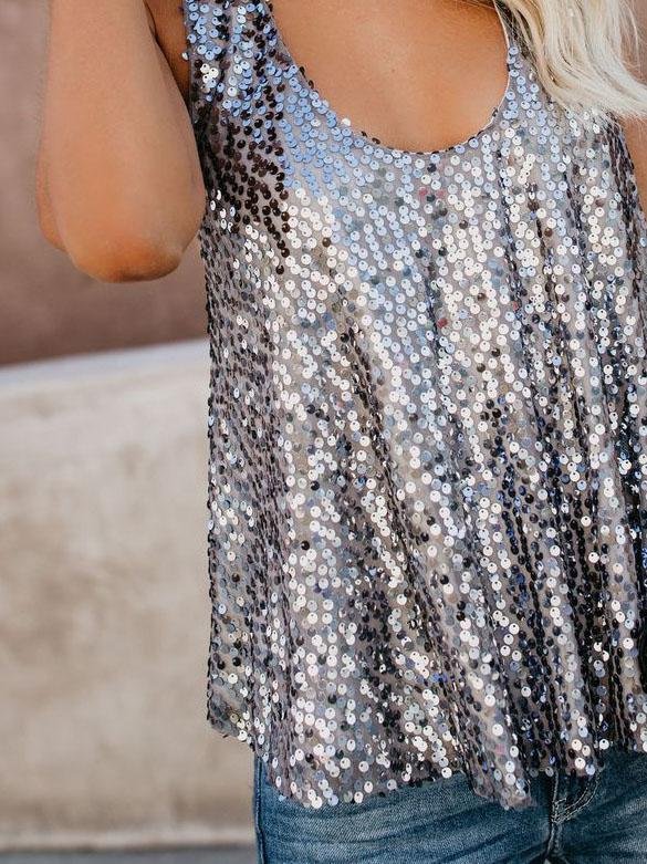 All-match U-neck Sleeveless Sequined Vest for Women